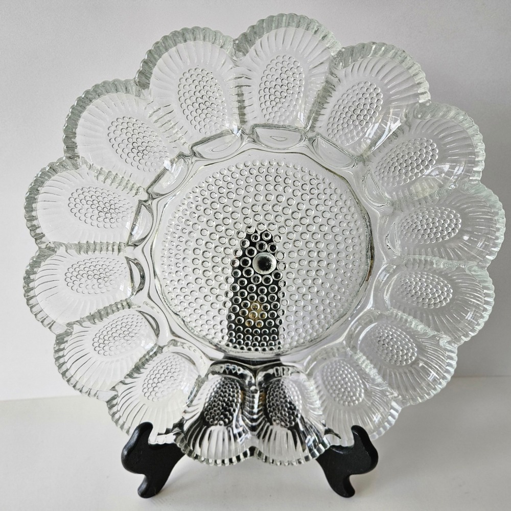 Vtg Indiana Glass Hobnail Egg Dish Plate 11in Scalloped Edges